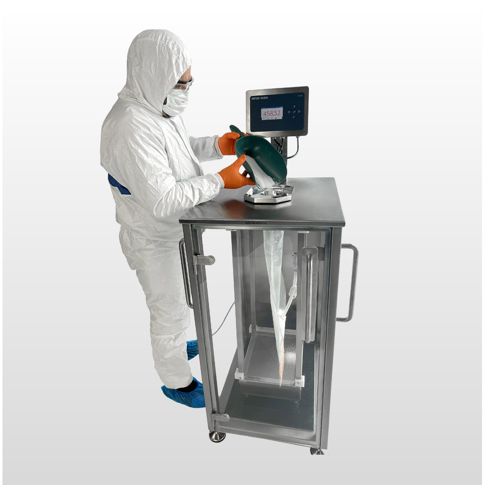 technician using multi-dose powder weighing