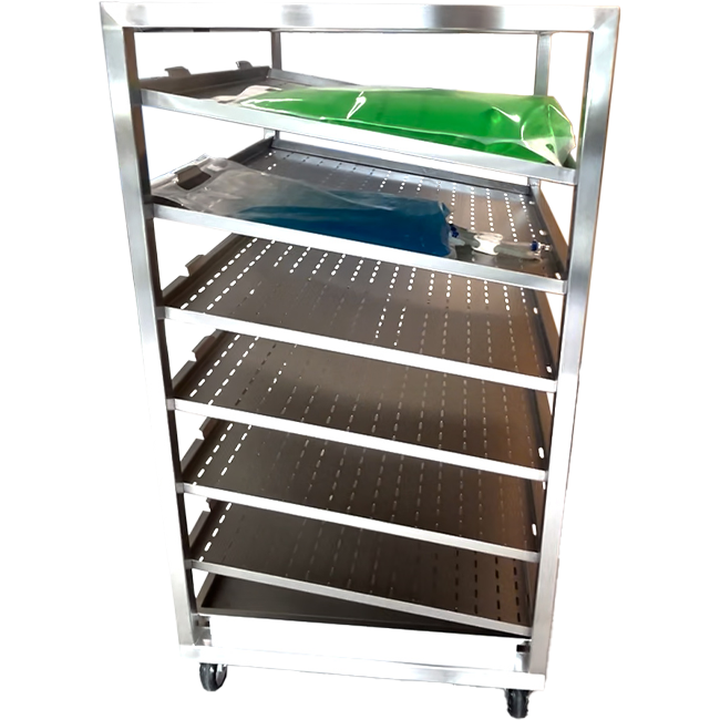thaw trolley with occupied 2 trays upper side view