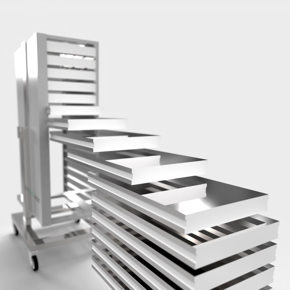 inverting freeze thaw trolley with sliding shelves